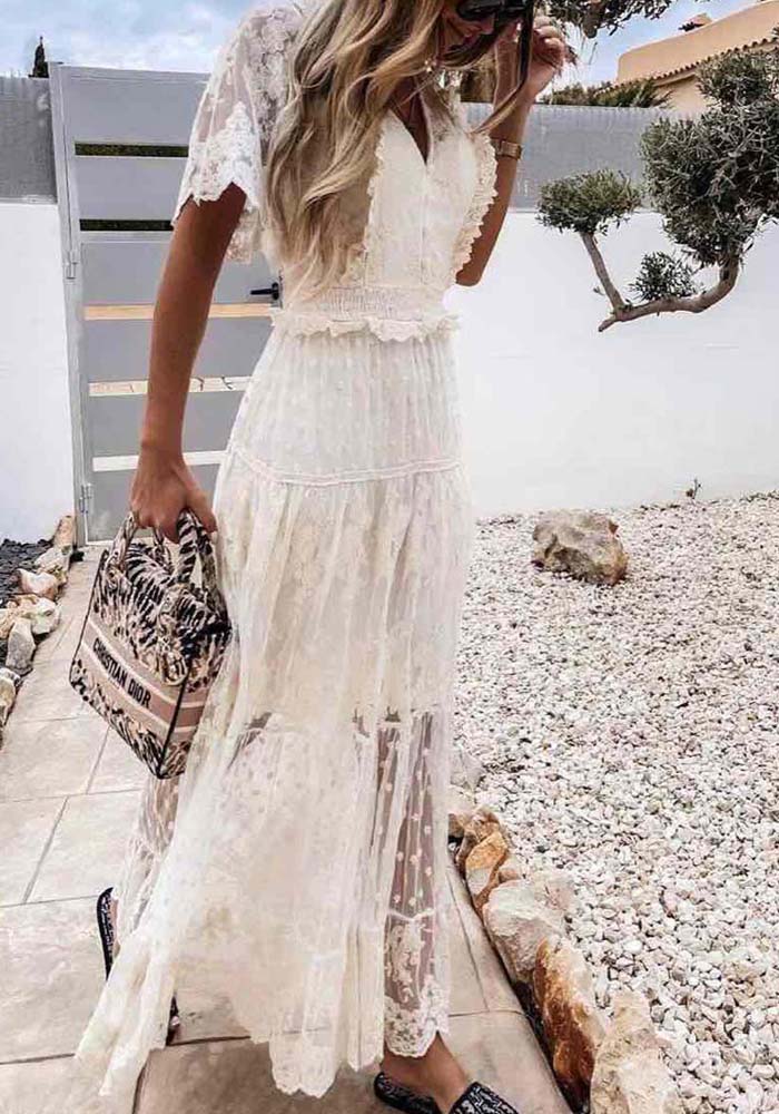 boho luxe φόρεμα δαντέλα Lacey maxi ivory