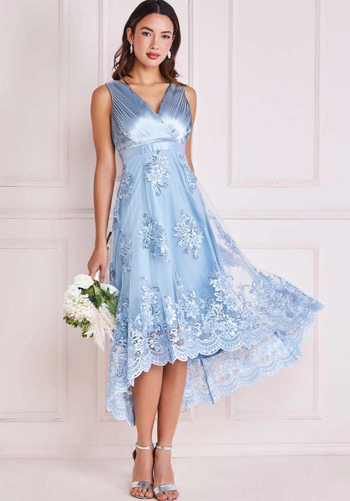 romantic satin lace φόρεμα high low Grace light blue